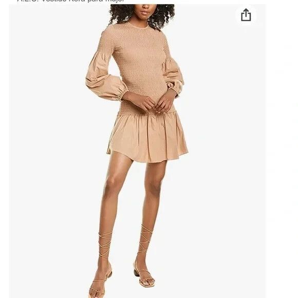 A.L.C. $595 Kora Cotton Smocked Mini Dress In Brown Tan Nude Casual 14 NEW